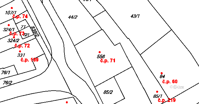Olšany u Prostějova 71 na parcele st. 556 v KÚ Olšany u Prostějova, Katastrální mapa