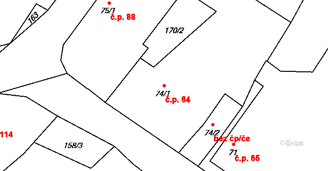 Tymákov 64 na parcele st. 74/1 v KÚ Tymákov, Katastrální mapa
