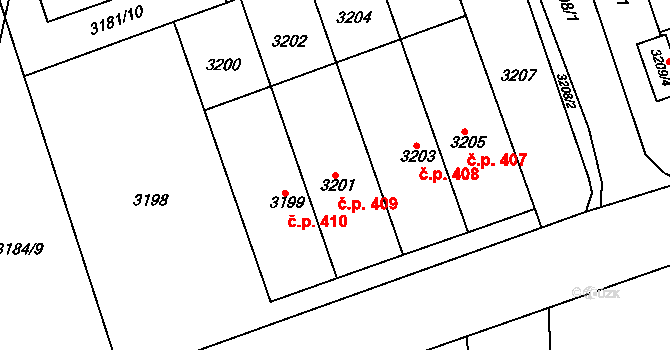 Moravský Krumlov 409 na parcele st. 3201 v KÚ Moravský Krumlov, Katastrální mapa