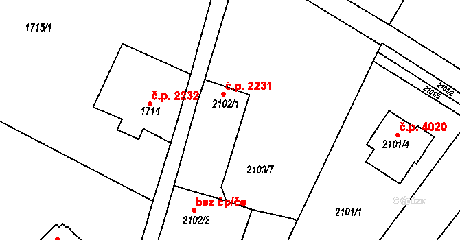 Mělník 2231 na parcele st. 2102/1 v KÚ Mělník, Katastrální mapa