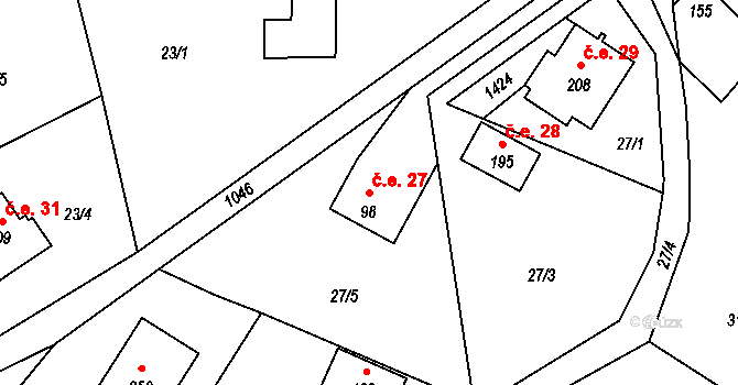 Malešín 27, Řehenice na parcele st. 98 v KÚ Malešín, Katastrální mapa