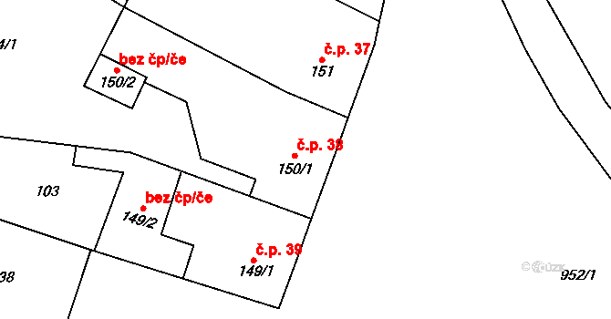 Rožďalovice 38 na parcele st. 150/1 v KÚ Rožďalovice, Katastrální mapa