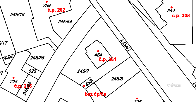 Horoměřice 361 na parcele st. 464 v KÚ Horoměřice, Katastrální mapa
