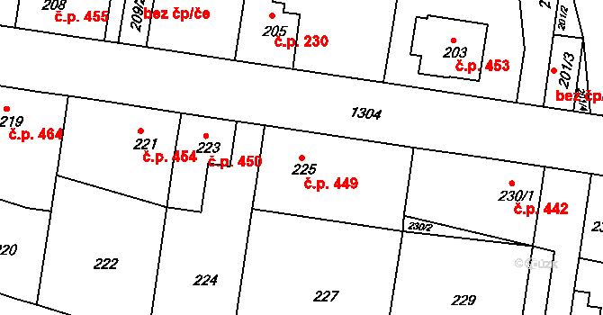 Tuchlovice 449 na parcele st. 225 v KÚ Tuchlovice, Katastrální mapa