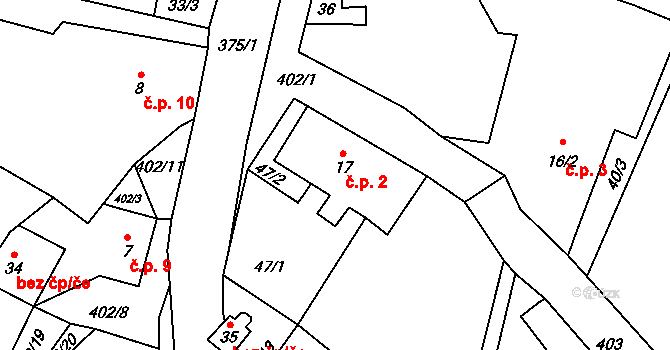 Třebutičky 2, Polepy na parcele st. 17 v KÚ Třebutičky, Katastrální mapa
