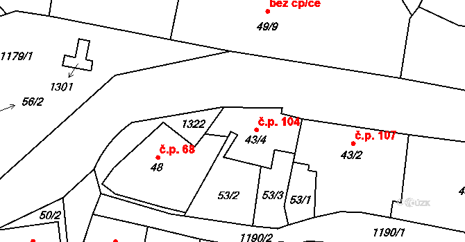 Liběšice 104 na parcele st. 43/4 v KÚ Liběšice u Litoměřic, Katastrální mapa
