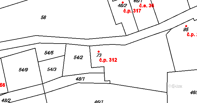 Vrbice 312, Mšené-lázně na parcele st. 73 v KÚ Vrbice u Mšeného-lázní, Katastrální mapa