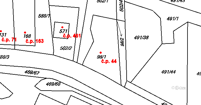 Maršov 44, Krupka na parcele st. 98/1 v KÚ Maršov u Krupky, Katastrální mapa
