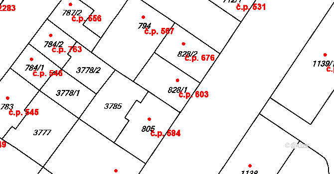 Břeclav 603 na parcele st. 828/1 v KÚ Břeclav, Katastrální mapa