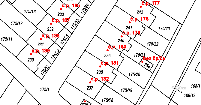 Břežany II 180 na parcele st. 239 v KÚ Břežany II, Katastrální mapa