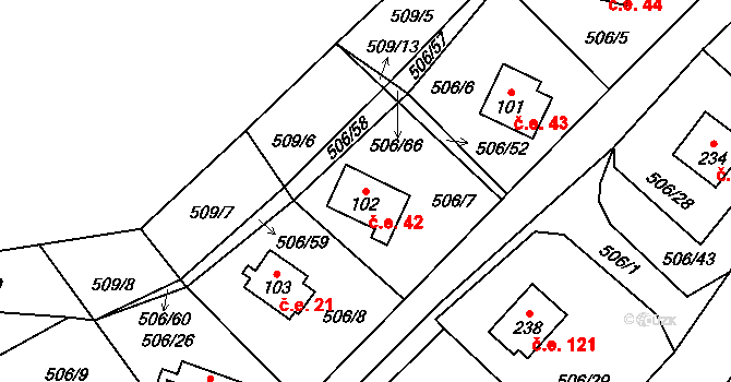 Oboz 42, Nalžovice na parcele st. 102 v KÚ Nalžovické Podhájí, Katastrální mapa