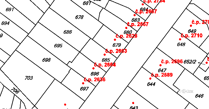 Chomutov 2663 na parcele st. 685 v KÚ Chomutov II, Katastrální mapa