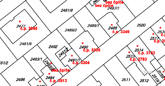 Chomutov 3305 na parcele st. 2490 v KÚ Chomutov II, Katastrální mapa
