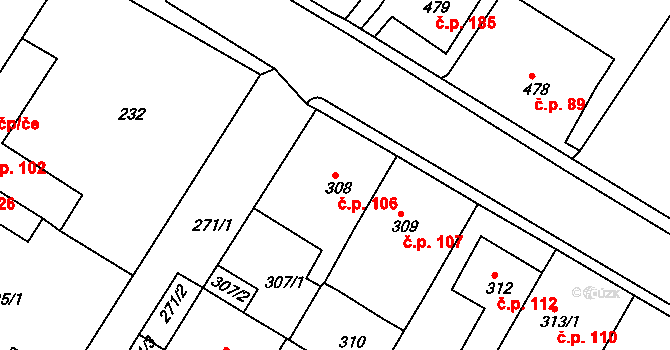 Pražské Předměstí 106, Bílina na parcele st. 308 v KÚ Bílina, Katastrální mapa