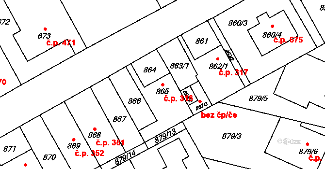 Zbýšov 316 na parcele st. 865 v KÚ Zbýšov u Oslavan, Katastrální mapa