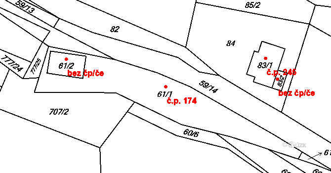 Horní Jasenka 174, Vsetín na parcele st. 61/1 v KÚ Jasenka, Katastrální mapa