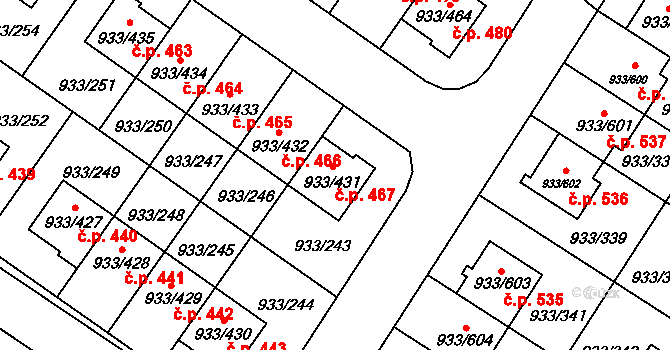 Satalice 467, Praha na parcele st. 933/431 v KÚ Satalice, Katastrální mapa