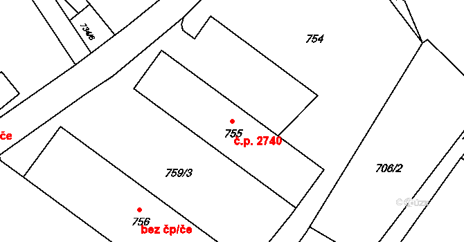 Rožnov pod Radhoštěm 2740 na parcele st. 755 v KÚ Tylovice, Katastrální mapa