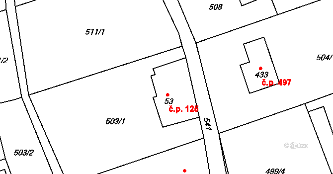 Lubina 125, Kopřivnice na parcele st. 53 v KÚ Drnholec nad Lubinou, Katastrální mapa