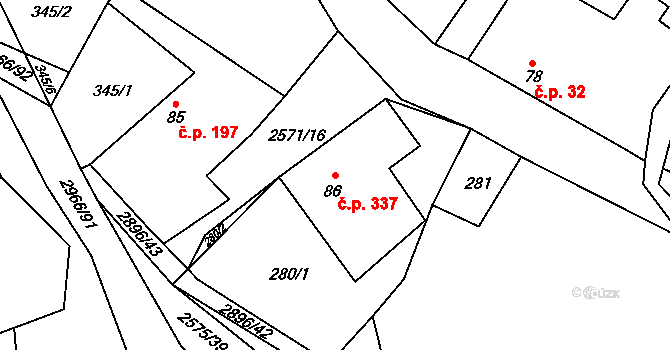 Kunčina 337 na parcele st. 86/1 v KÚ Kunčina, Katastrální mapa