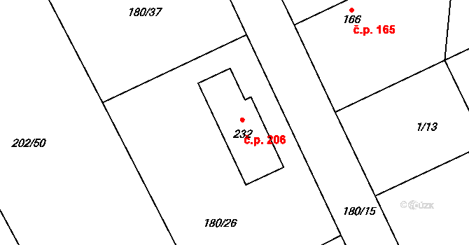 Běrunice 206 na parcele st. 232 v KÚ Běrunice, Katastrální mapa