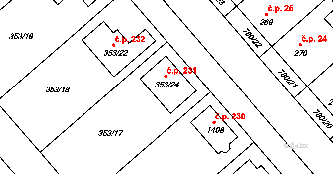 Myslibořice 231 na parcele st. 353/24 v KÚ Myslibořice, Katastrální mapa