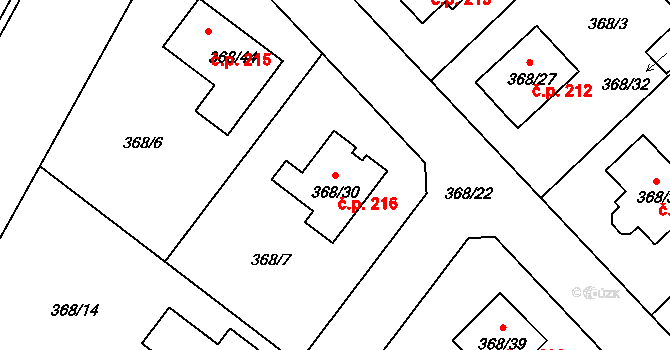 Hlízov 216 na parcele st. 368/30 v KÚ Hlízov, Katastrální mapa