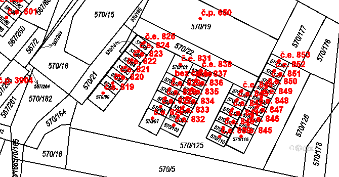 Vyškov-Předměstí 829, Vyškov na parcele st. 570/100 v KÚ Vyškov, Katastrální mapa