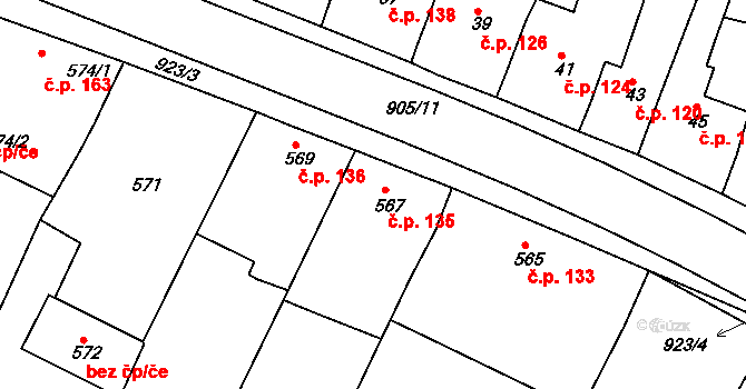 Vícemilice 135, Bučovice na parcele st. 567 v KÚ Vícemilice, Katastrální mapa