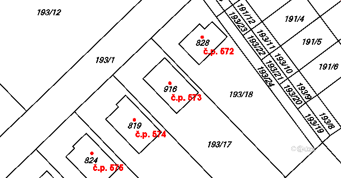 Hrotovice 573 na parcele st. 916 v KÚ Hrotovice, Katastrální mapa