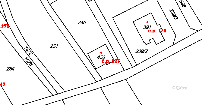 Hrabyně 227 na parcele st. 453 v KÚ Hrabyně, Katastrální mapa