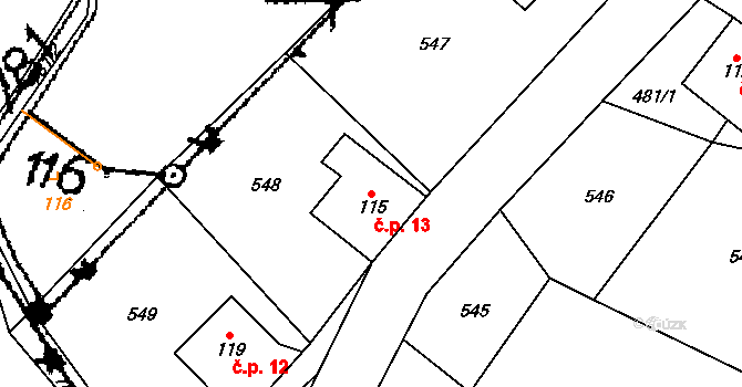 Dolní Hedeč 13, Králíky na parcele st. 115 v KÚ Dolní Hedeč, Katastrální mapa