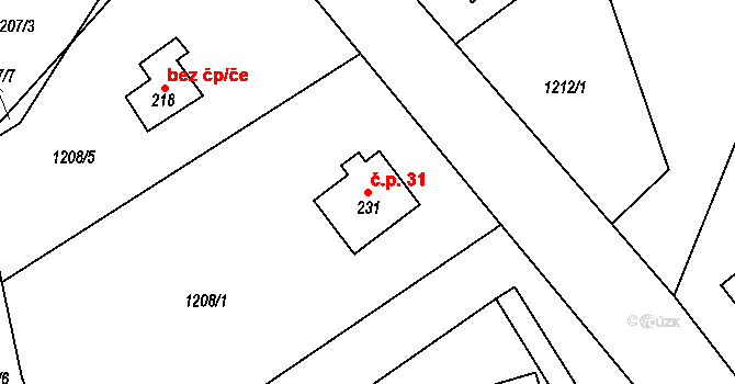 Hrádek 31 na parcele st. 231 v KÚ Hrádek u Jehnědí, Katastrální mapa