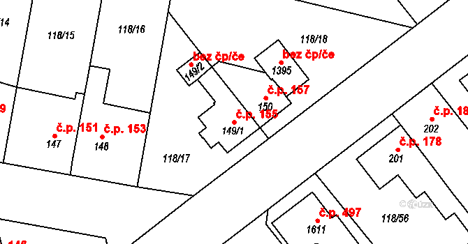 Pardubičky 155, Pardubice na parcele st. 149/1 v KÚ Pardubičky, Katastrální mapa