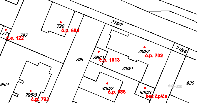 Šeberov 1013, Praha na parcele st. 799/4 v KÚ Šeberov, Katastrální mapa