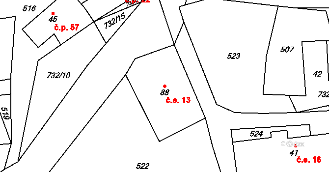 Skelná Huť 13, Krsy na parcele st. 88 v KÚ Trhomné, Katastrální mapa