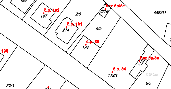 Libčeves 86 na parcele st. 174 v KÚ Libčeves, Katastrální mapa