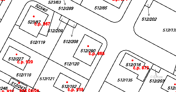 Srubec 868 na parcele st. 512/290 v KÚ Srubec, Katastrální mapa
