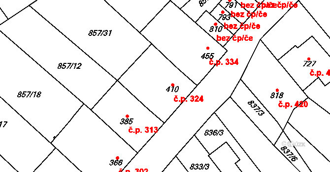 Vrbice 324 na parcele st. 410 v KÚ Vrbice u Velkých Pavlovic, Katastrální mapa