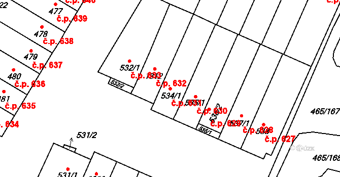Přímětice 631, Znojmo na parcele st. 534/1 v KÚ Přímětice, Katastrální mapa