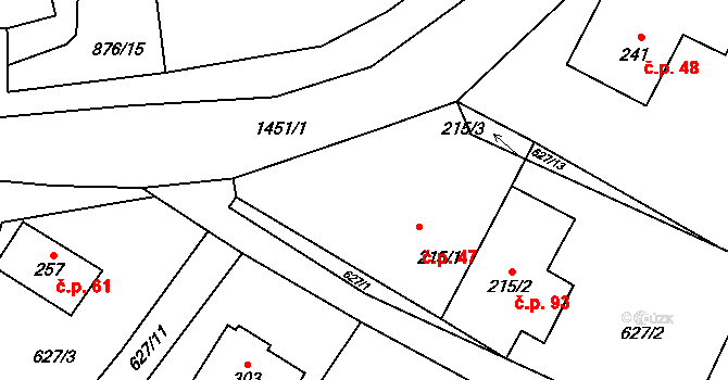 Malý Beranov 47 na parcele st. 215/1 v KÚ Malý Beranov, Katastrální mapa