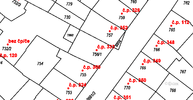 Vyškov-Předměstí 333, Vyškov na parcele st. 756/1 v KÚ Vyškov, Katastrální mapa