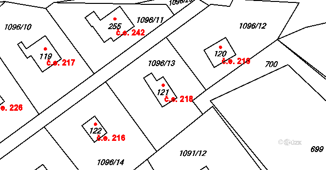 Měřín 218, Rabyně na parcele st. 121 v KÚ Blaženice, Katastrální mapa