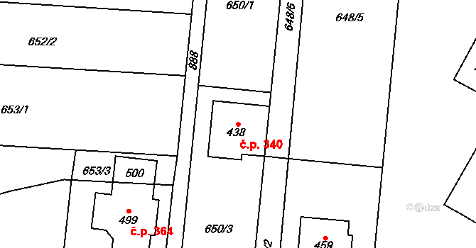 Slatinice 340 na parcele st. 438 v KÚ Slatinice na Hané, Katastrální mapa