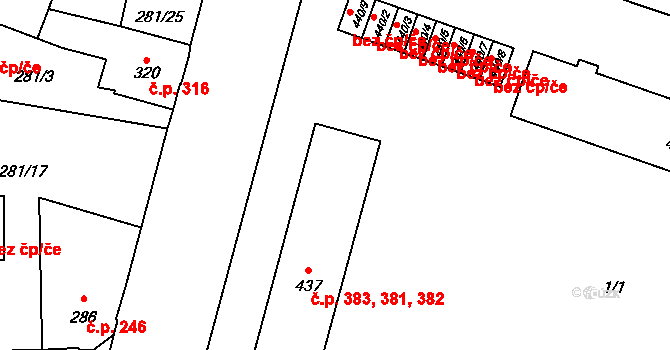 Lázně Bělohrad 381,382,383 na parcele st. 437 v KÚ Lázně Bělohrad, Katastrální mapa