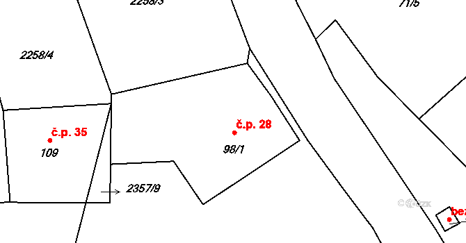Žimutice 28 na parcele st. 98/1 v KÚ Žimutice, Katastrální mapa