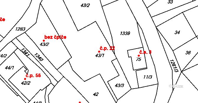Lbín 22, Hlinná na parcele st. 43/1 v KÚ Lbín, Katastrální mapa