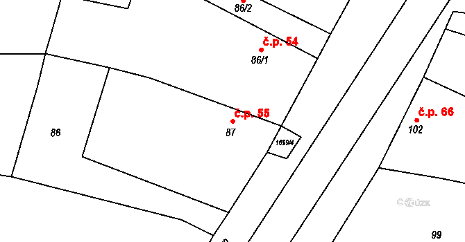 Chornice 55 na parcele st. 87 v KÚ Chornice, Katastrální mapa