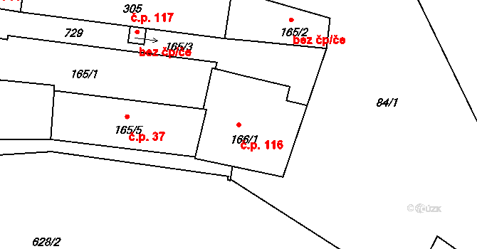 Zámostí 116, Třebíč na parcele st. 166/1 v KÚ Podklášteří, Katastrální mapa