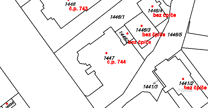 Teplice 744 na parcele st. 1447 v KÚ Teplice, Katastrální mapa